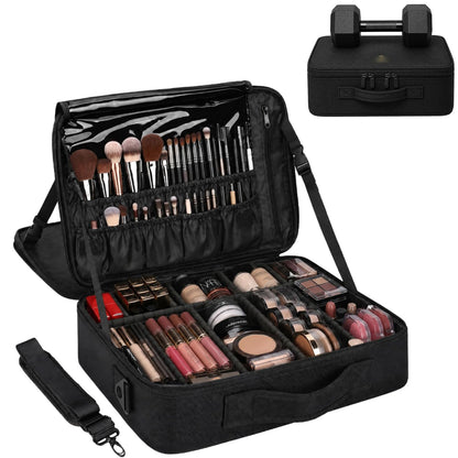 Large Makeup Case, 3 Layers Makeup Bag Cosmetic Organizer Brush Bag Barber Train Case Makeup Artist Box for Hair Curler Hair Straightener Brush Set and Cosmetics