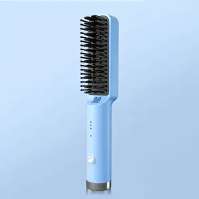 Straightening Hair Comb, Portable 2-In-1 Flat Iron Curler, Wireless & USB Rechargeable Lightweight Hot Brush for Quick Daily Styling