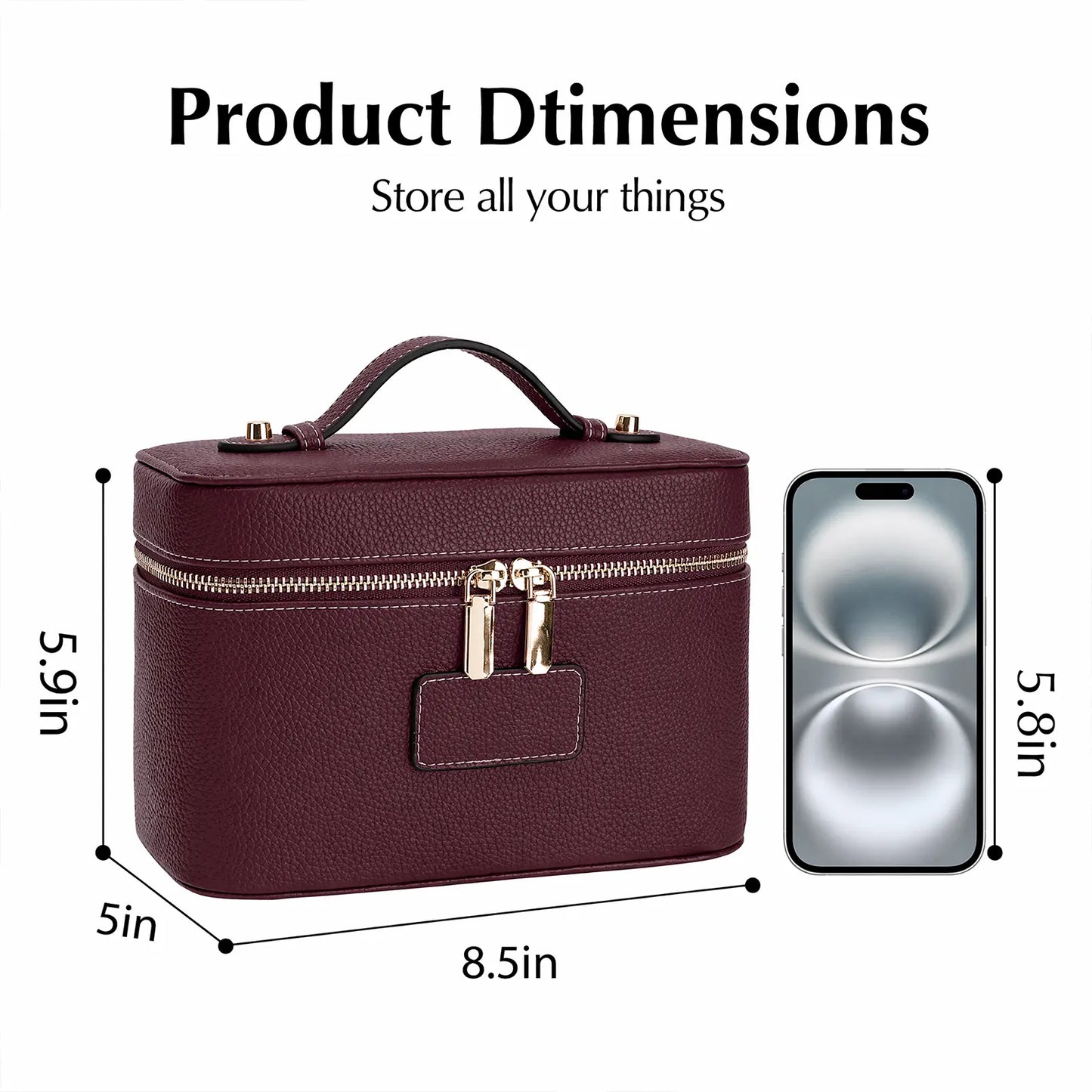 HONITTY Women'S Leather Makeup Case - Large Capacity Waterproof Wipe-Clean Zip Bag with Removable Divider, Portable Travel Toiletry Organizer for Makeup Products, Grab-And-Go Functional Bag