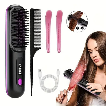 Straightening Hair Comb, Portable 2-In-1 Flat Iron Curler, Wireless & USB Rechargeable Lightweight Hot Brush for Quick Daily Styling