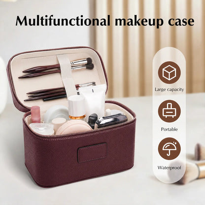 HONITTY Women'S Leather Makeup Case - Large Capacity Waterproof Wipe-Clean Zip Bag with Removable Divider, Portable Travel Toiletry Organizer for Makeup Products, Grab-And-Go Functional Bag