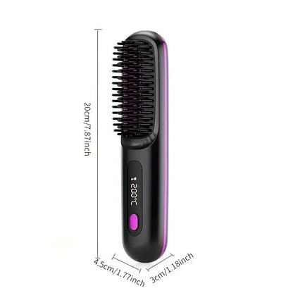Straightening Hair Comb, Portable 2-In-1 Flat Iron Curler, Wireless & USB Rechargeable Lightweight Hot Brush for Quick Daily Styling