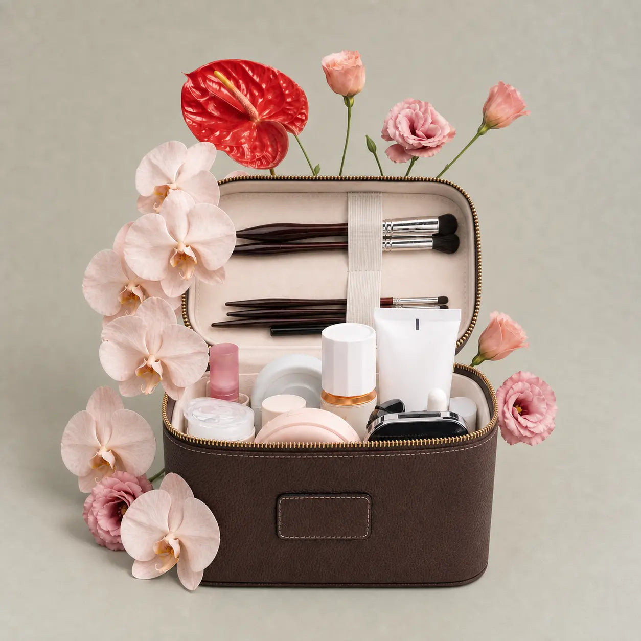 HONITTY Women'S Leather Makeup Case - Large Capacity Waterproof Wipe-Clean Zip Bag with Removable Divider, Portable Travel Toiletry Organizer for Makeup Products, Grab-And-Go Functional Bag