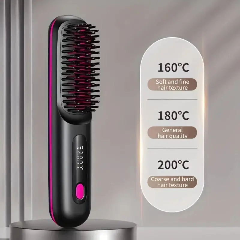 Straightening Hair Comb, Portable 2-In-1 Flat Iron Curler, Wireless & USB Rechargeable Lightweight Hot Brush for Quick Daily Styling