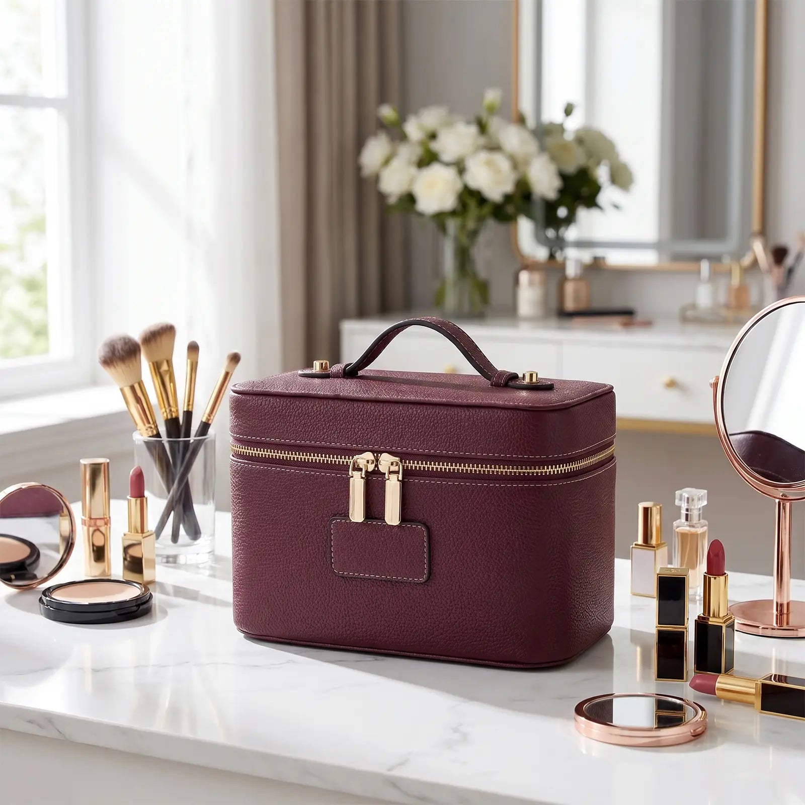 HONITTY Women'S Leather Makeup Case - Large Capacity Waterproof Wipe-Clean Zip Bag with Removable Divider, Portable Travel Toiletry Organizer for Makeup Products, Grab-And-Go Functional Bag