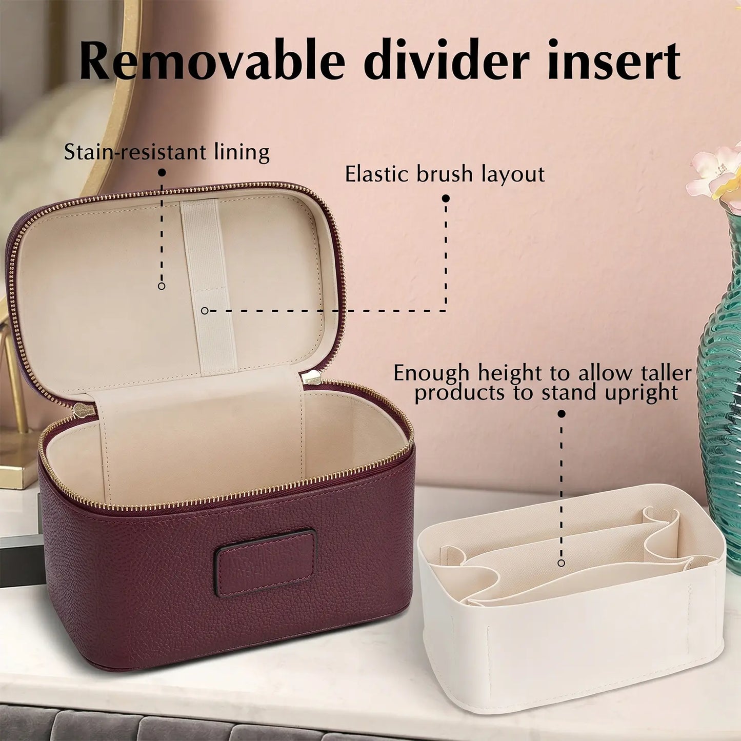HONITTY Women'S Leather Makeup Case - Large Capacity Waterproof Wipe-Clean Zip Bag with Removable Divider, Portable Travel Toiletry Organizer for Makeup Products, Grab-And-Go Functional Bag