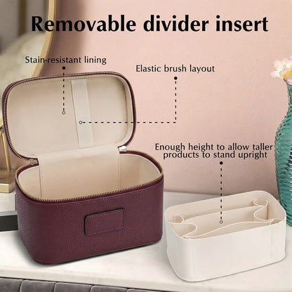 HONITTY Women'S Leather Makeup Case - Large Capacity Waterproof Wipe-Clean Zip Bag with Removable Divider, Portable Travel Toiletry Organizer for Makeup Products, Grab-And-Go Functional Bag